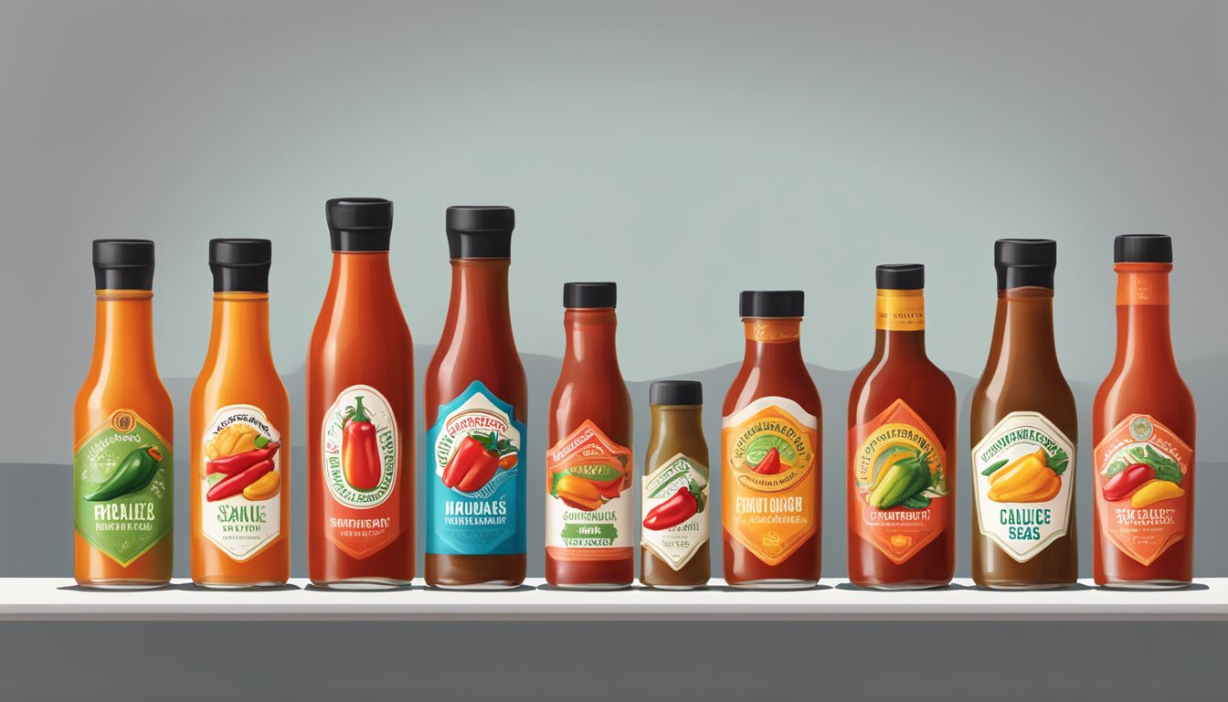 A variety of hot sauce bottles arranged on a table with labels facing forward