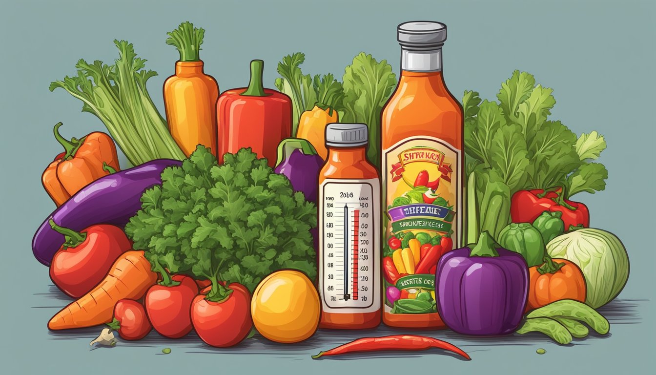 A sizzling bottle of hot sauce surrounded by colorful, fresh vegetables and a scale, symbolizing a spicy weight loss plan