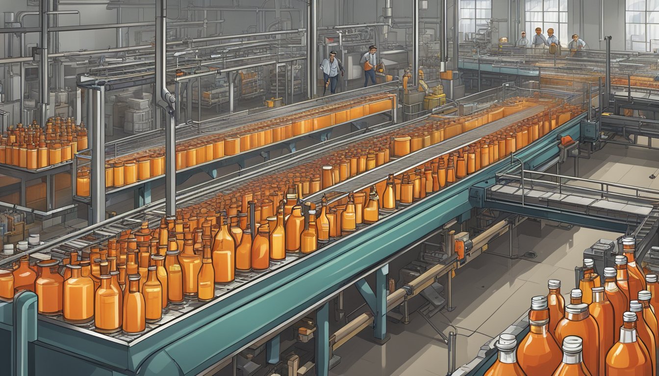 A factory floor with large vats, conveyor belts, and workers bottling hot sauce