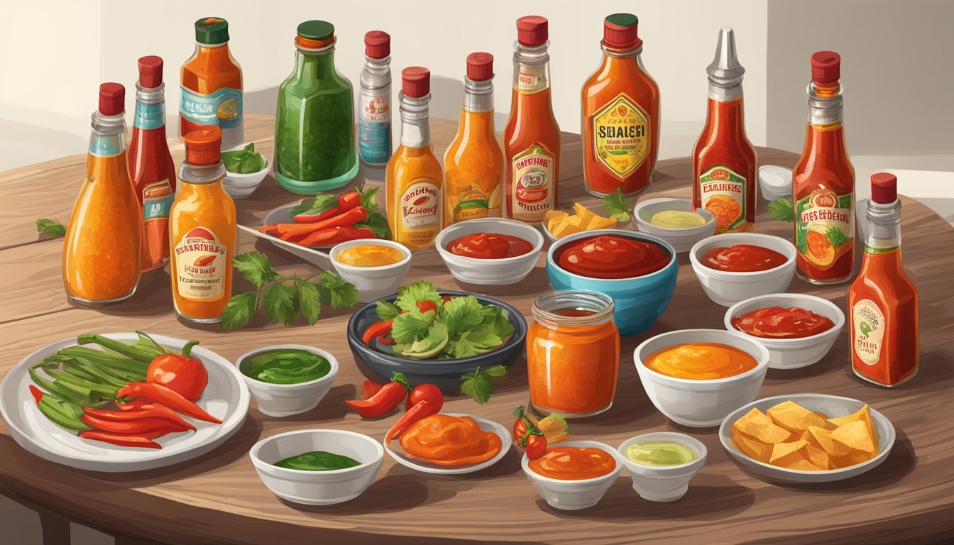 A table set with various hot sauce bottles, accompanied by small dishes and utensils for serving and presentation