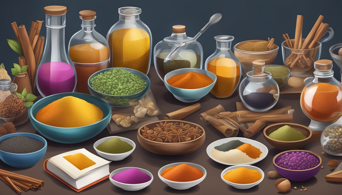 A table filled with various spices in colorful jars and bowls, surrounded by open books and scientific instruments