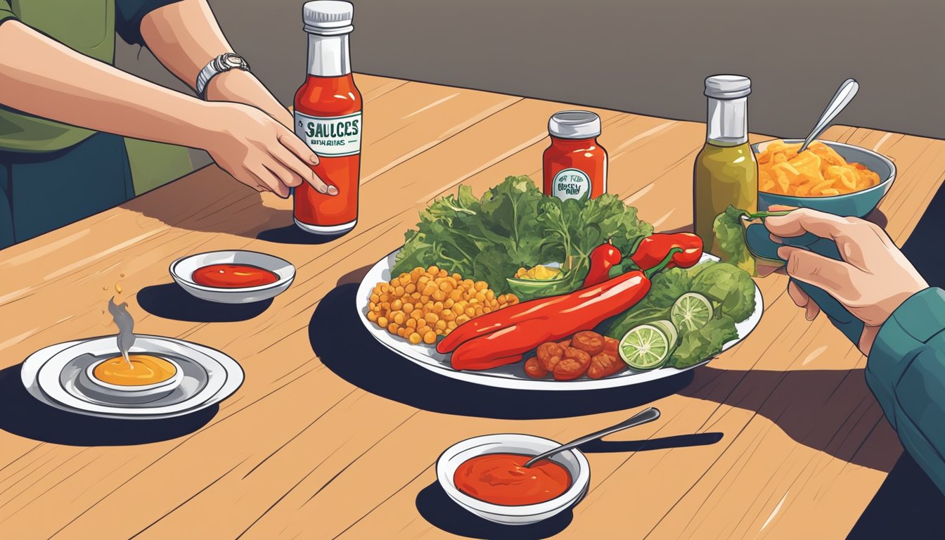 A table set with various hot sauces and a plate of healthy food, with a person reaching for a bottle while considering the nutritional content