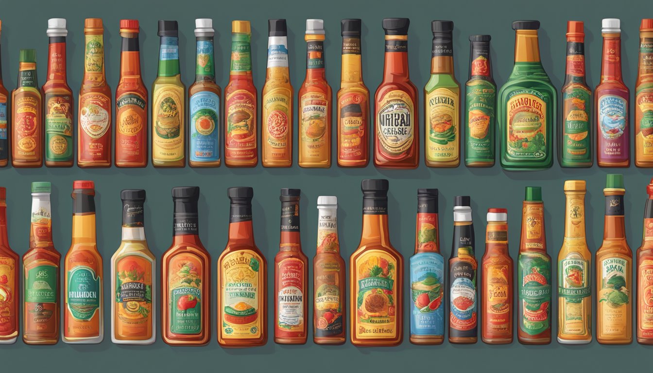 A table with various hot sauce bottles from around the world, each with unique labeling and colors