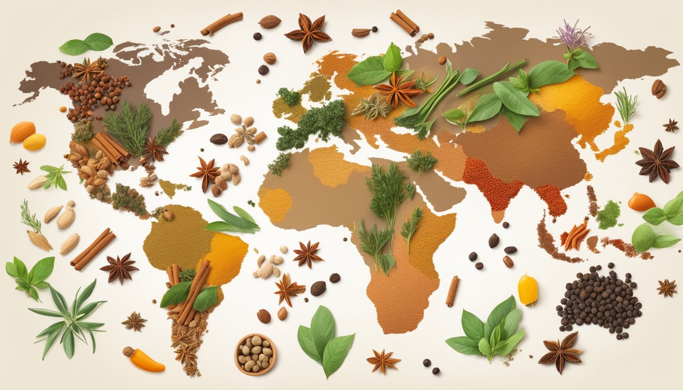 A world map surrounded by various spices and herbs, representing the global influence and regional diversity of the science of spice