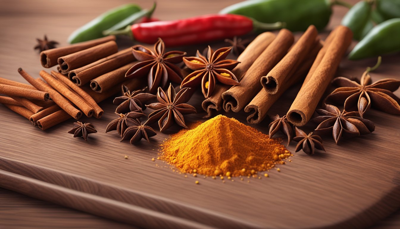 A variety of colorful spices arranged on a wooden cutting board, including cinnamon sticks, whole cloves, star anise, and dried chili peppers