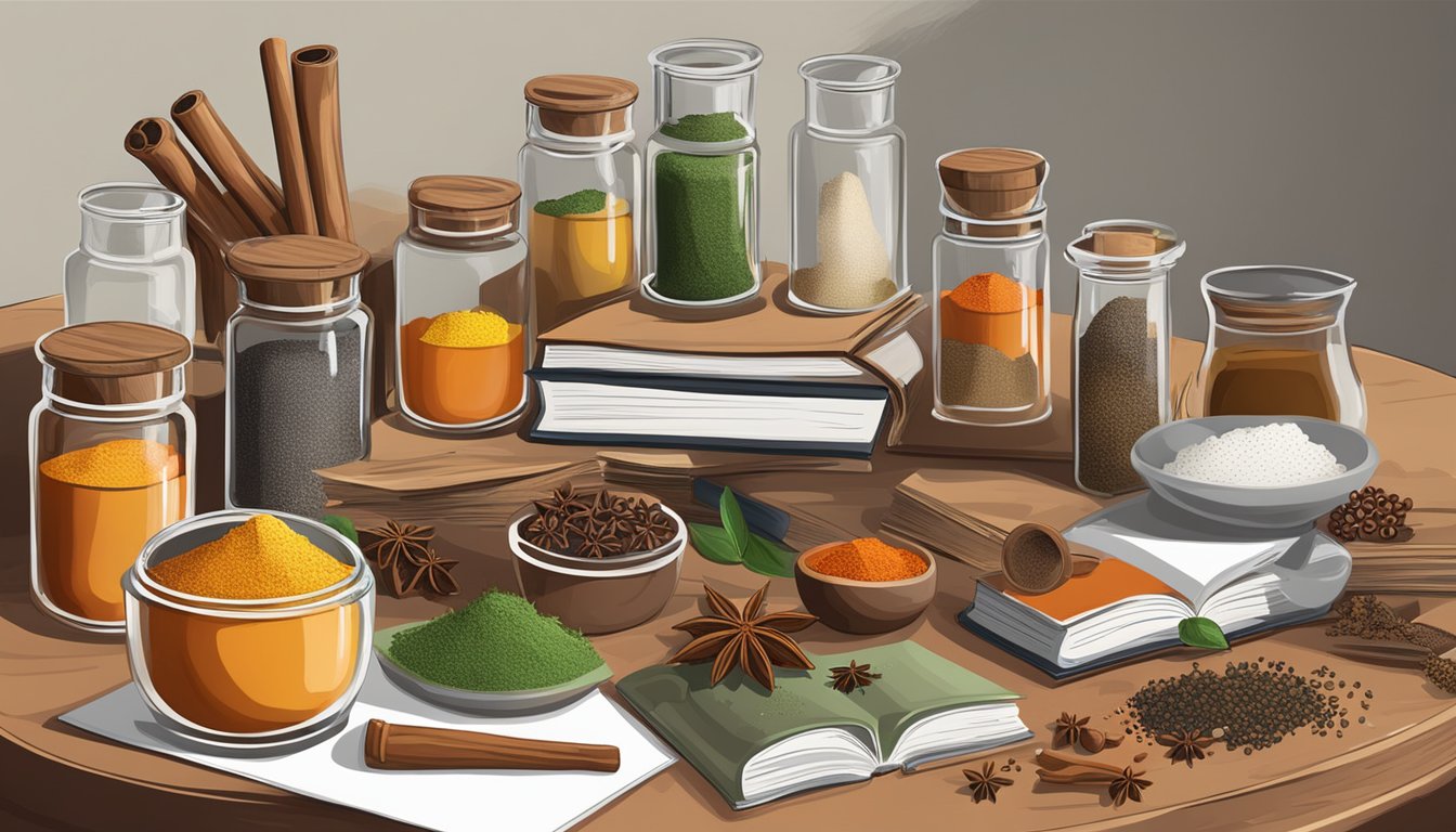 A table with various spice jars, a mortar and pestle, and open books on the science of spice