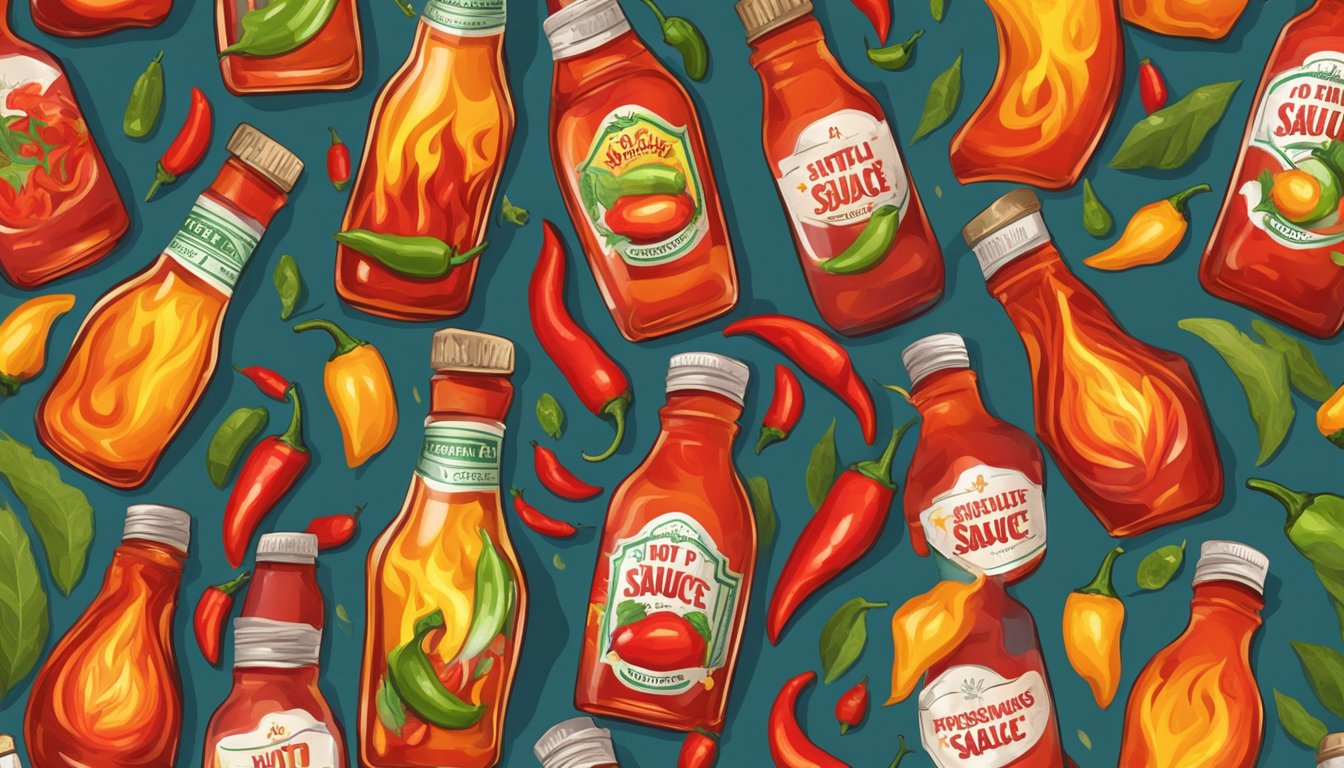 A bottle of hot sauce surrounded by chili peppers and flames