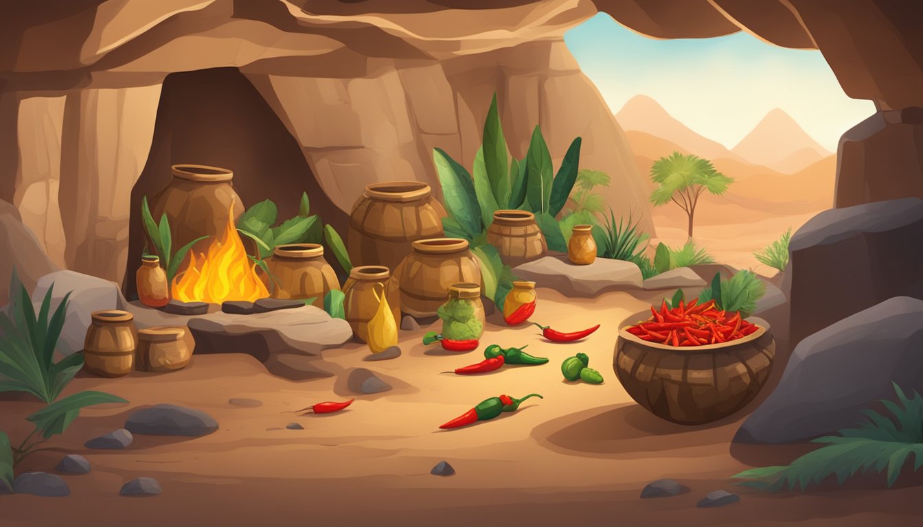 A prehistoric cave with ancient jars of spicy peppers and primitive tools for making hot sauce