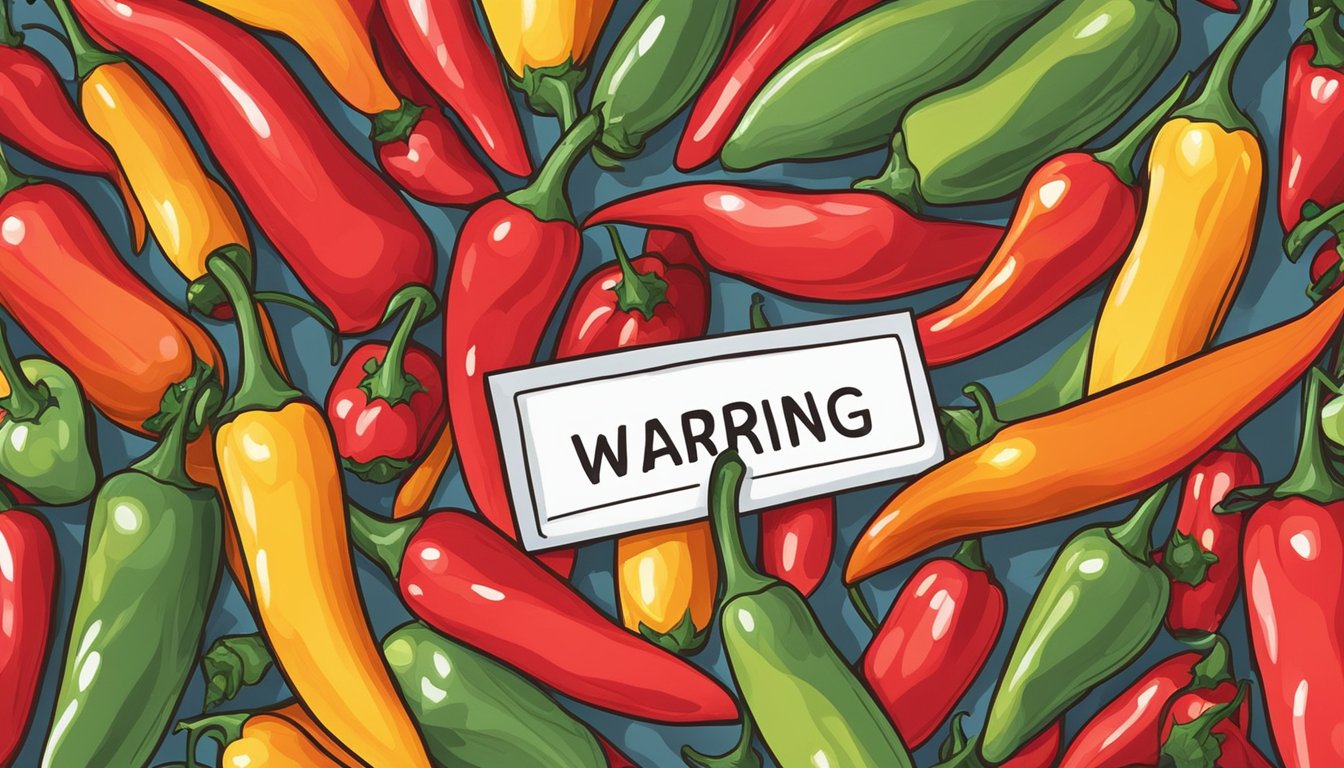 A vibrant red chili pepper surrounded by smaller peppers, with a warning sign in the background