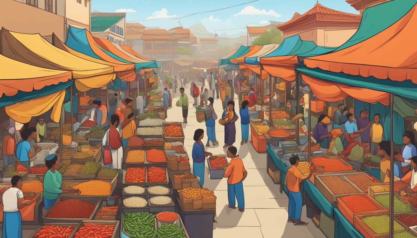 A bustling market with diverse goods exchanging between continents, including chili peppers and spices, symbolizing the global dissemination of hot sauce