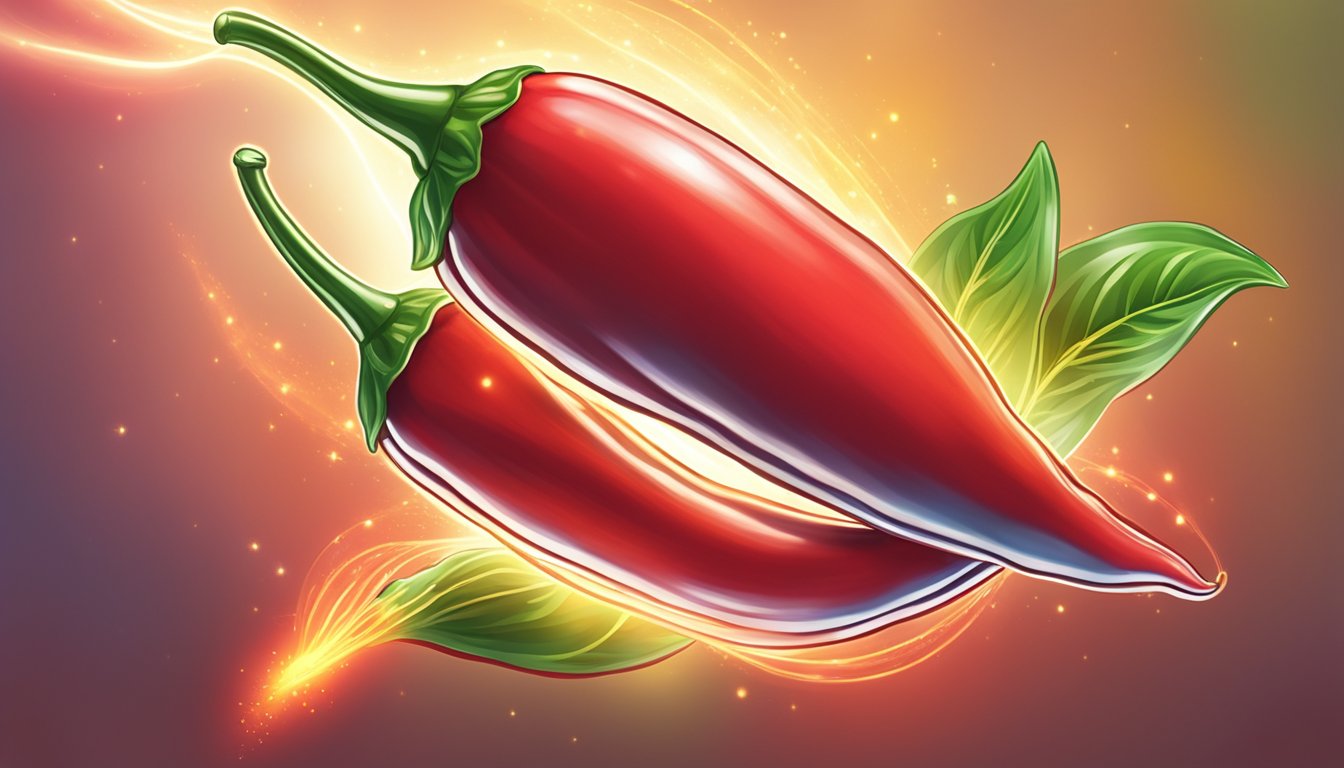 A vibrant red chili pepper surrounded by glowing beams of light, symbolizing the antioxidant properties and health benefits of capsaicin