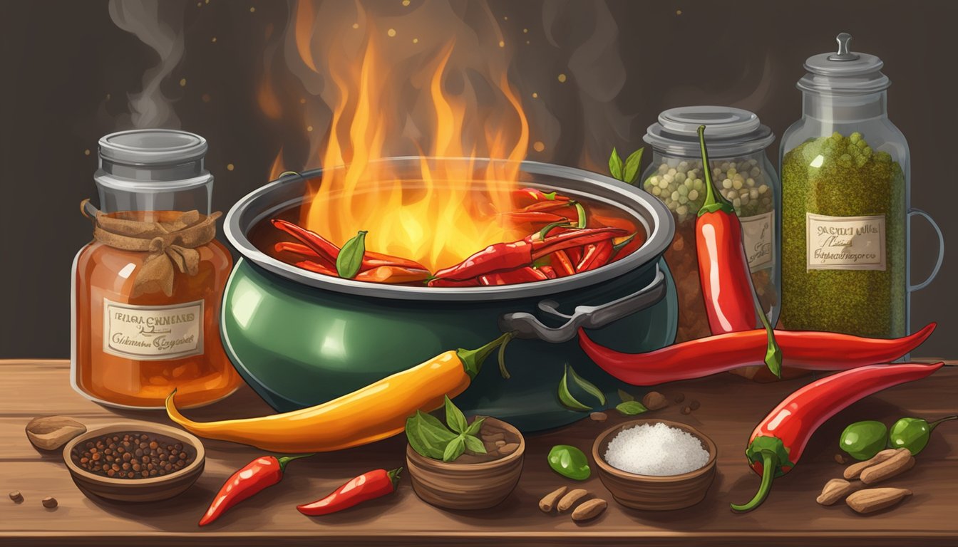 A bubbling pot of chili peppers and vinegar simmers over a crackling fire, surrounded by jars of various spices and herbs