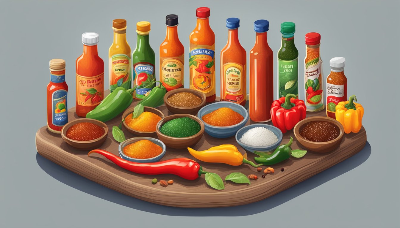 A table filled with bottles of hot sauce from different cultures and regions, surrounded by colorful peppers and spices