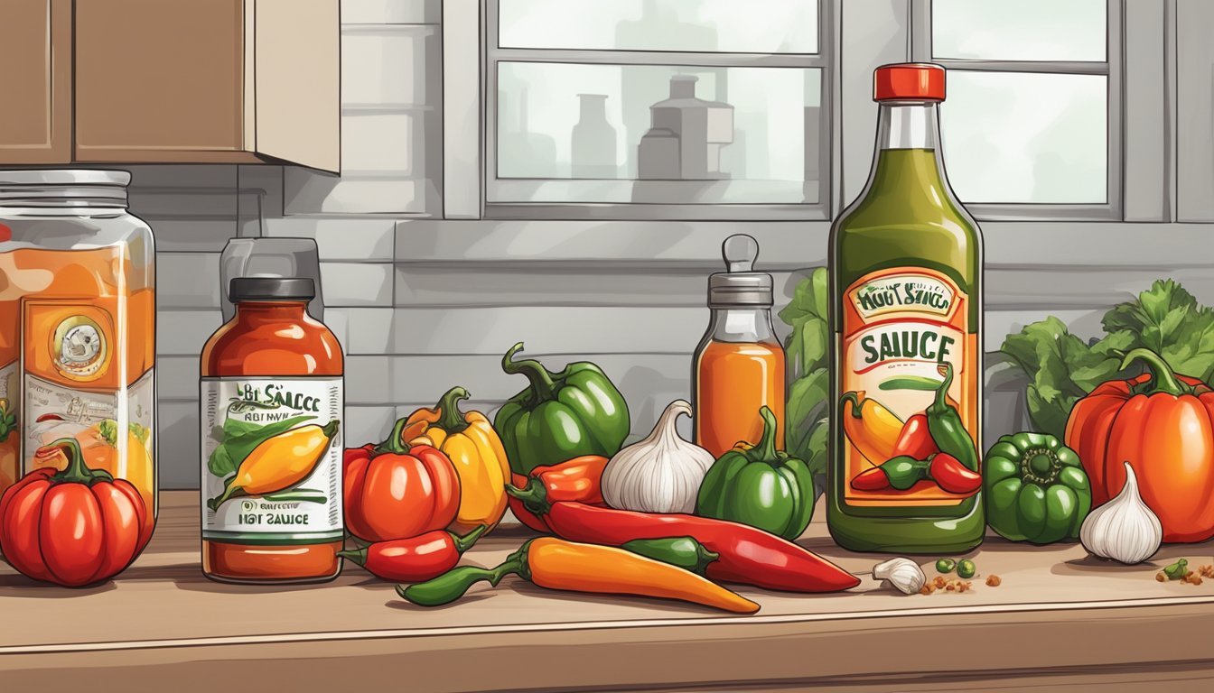 A bottle of hot sauce surrounded by various chili peppers, garlic, and other ingredients on a modern kitchen countertop