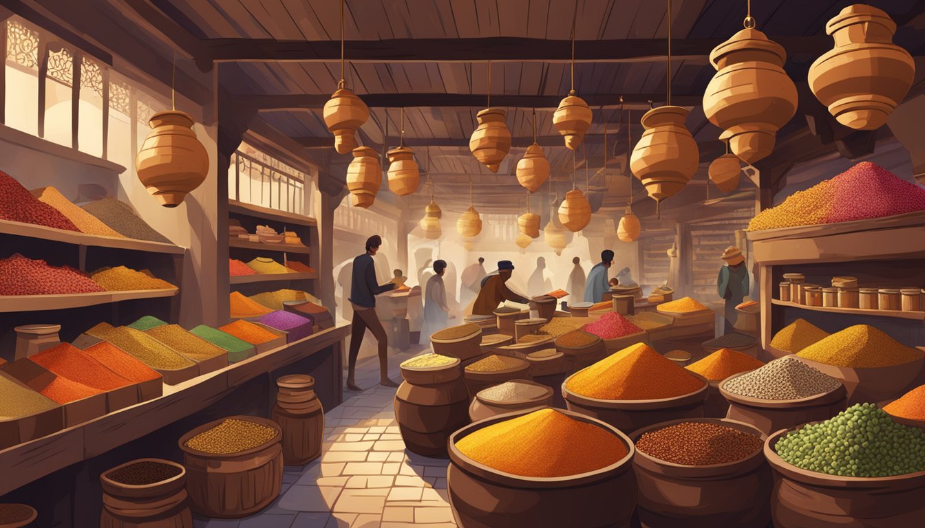 A bustling ancient spice market with colorful jars and bags of aromatic spices piled high on tables and hanging from the ceiling