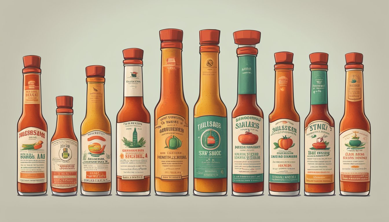 A collection of iconic hot sauce bottles and historical milestones displayed on a timeline