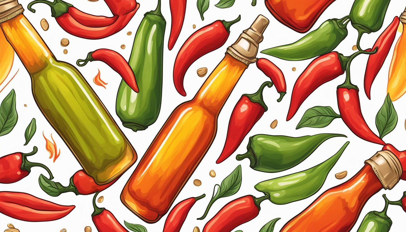 A bottle of hot sauce surrounded by chili peppers and flames