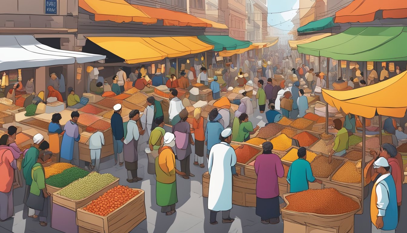 A bustling marketplace with colorful spice stalls, customers sniffing and examining the products, while vendors use persuasive techniques to attract buyers