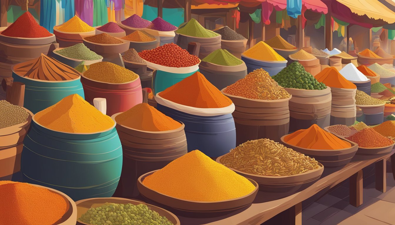 A vibrant market filled with colorful spices, traditional decorations, and lively music, capturing the cultural significance and festivities surrounding the psychology of spice