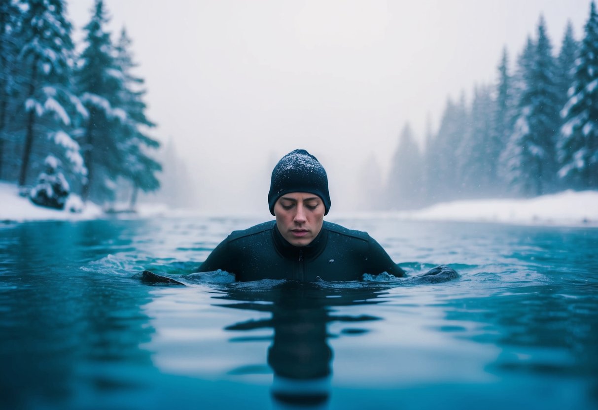 A figure submerges into icy water, surrounded by mist and snow-covered trees, evoking the intense sensation of cold plunging