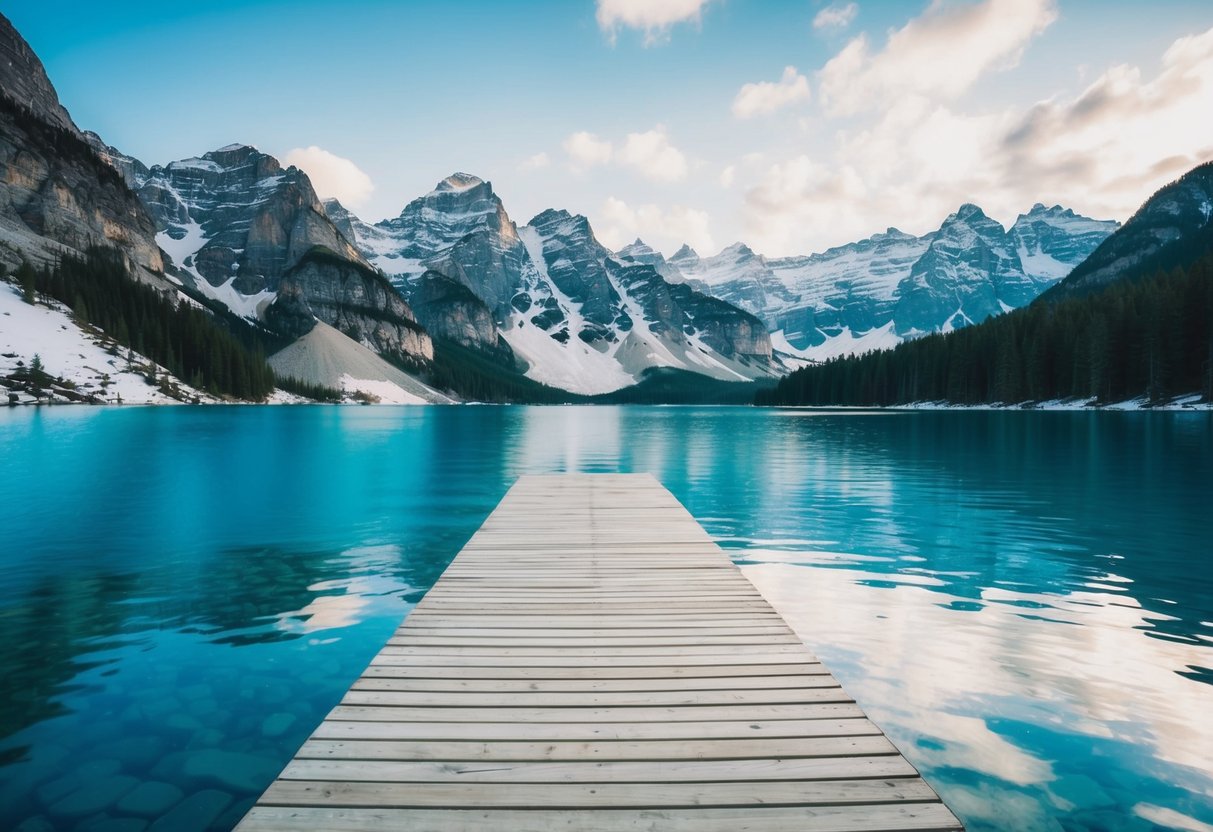 A serene mountain lake surrounded by snow-capped peaks, with a wooden pier extending into the crystal-clear water for cold plunges