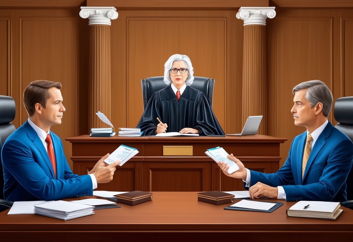 A courtroom with two opposing paternity lawyers presenting evidence and arguments to a judge