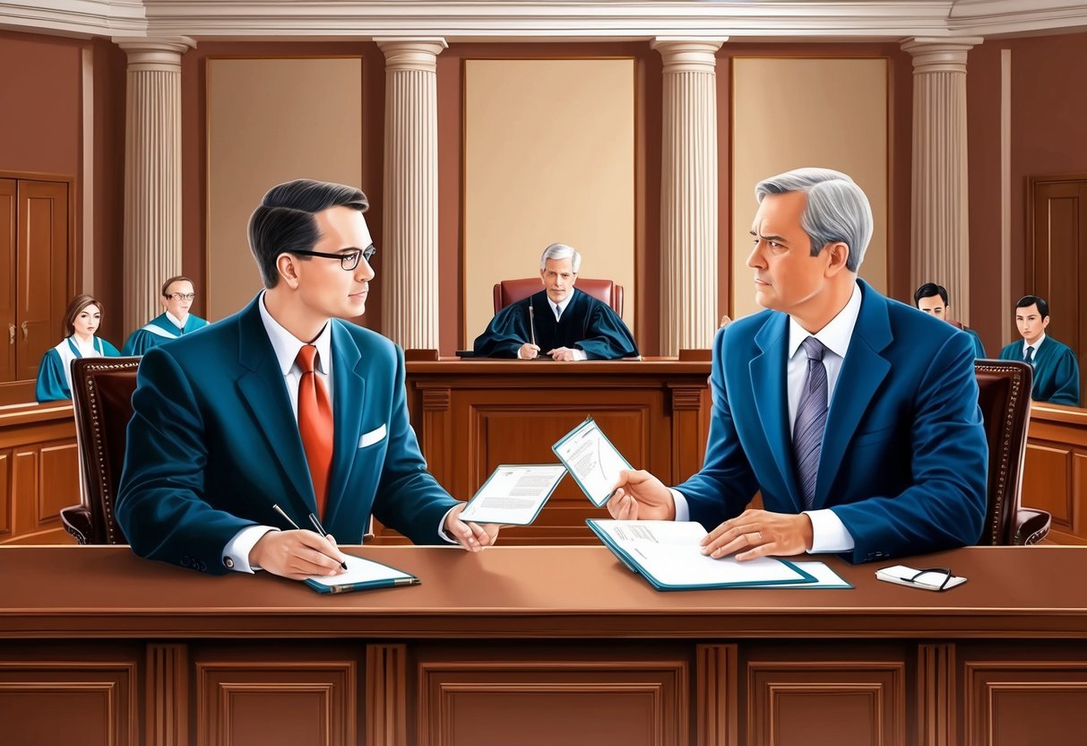 A courtroom with two opposing lawyers presenting evidence and arguments in front of a judge