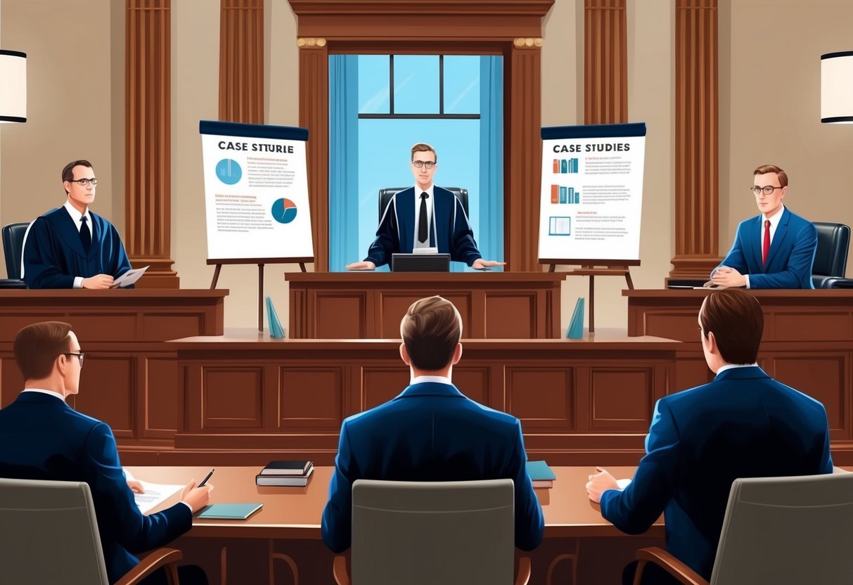A courtroom with lawyers presenting case studies and precedents for paternity cases