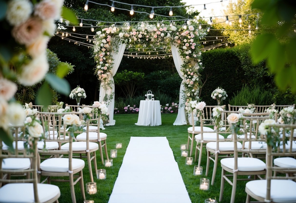 A serene garden with blooming flowers, draped with fairy lights, set up for a wedding ceremony