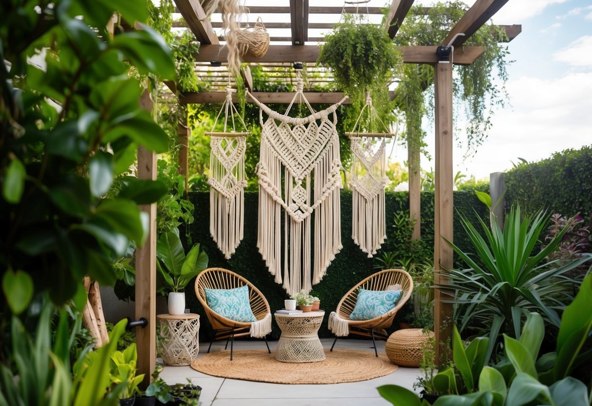 A lush garden setting with hanging macrame decor, surrounded by bohemian-inspired elements and natural greenery