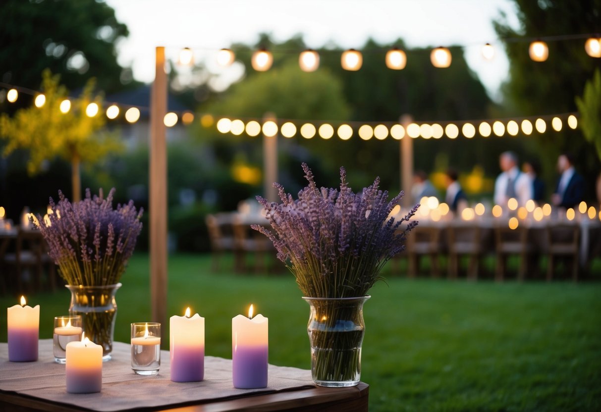 An outdoor garden wedding with lavender scented candles illuminating the area, creating a romantic and enchanting atmosphere