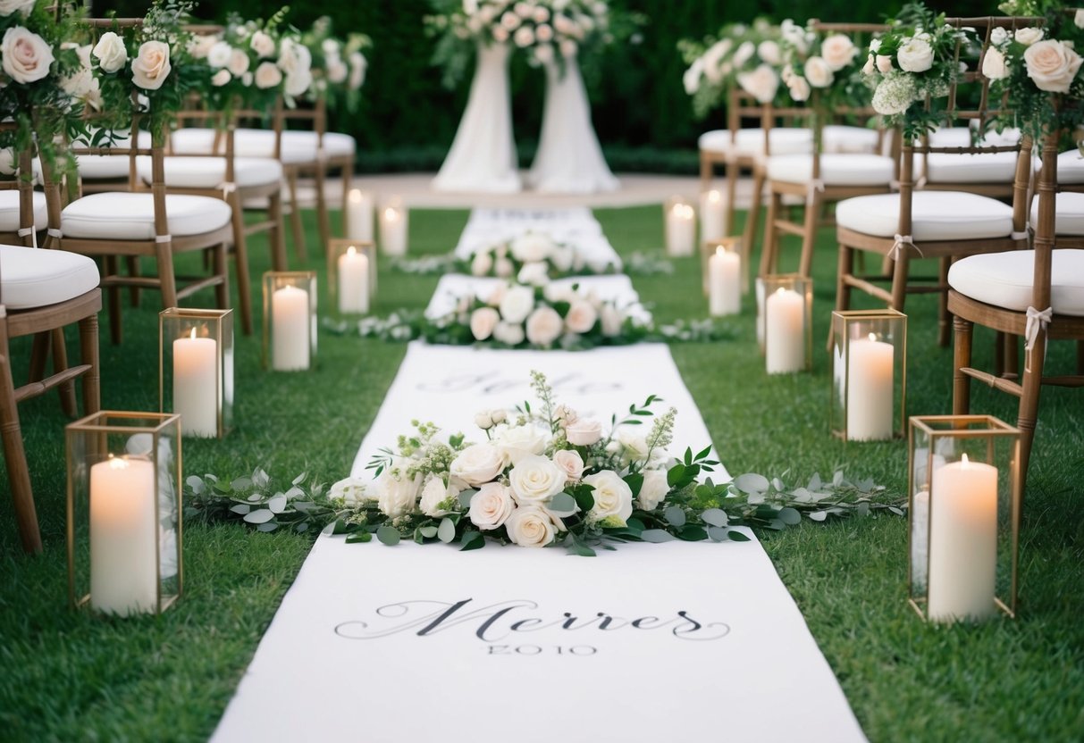 A lush garden aisle with a personalized floral runner leading to a wedding altar