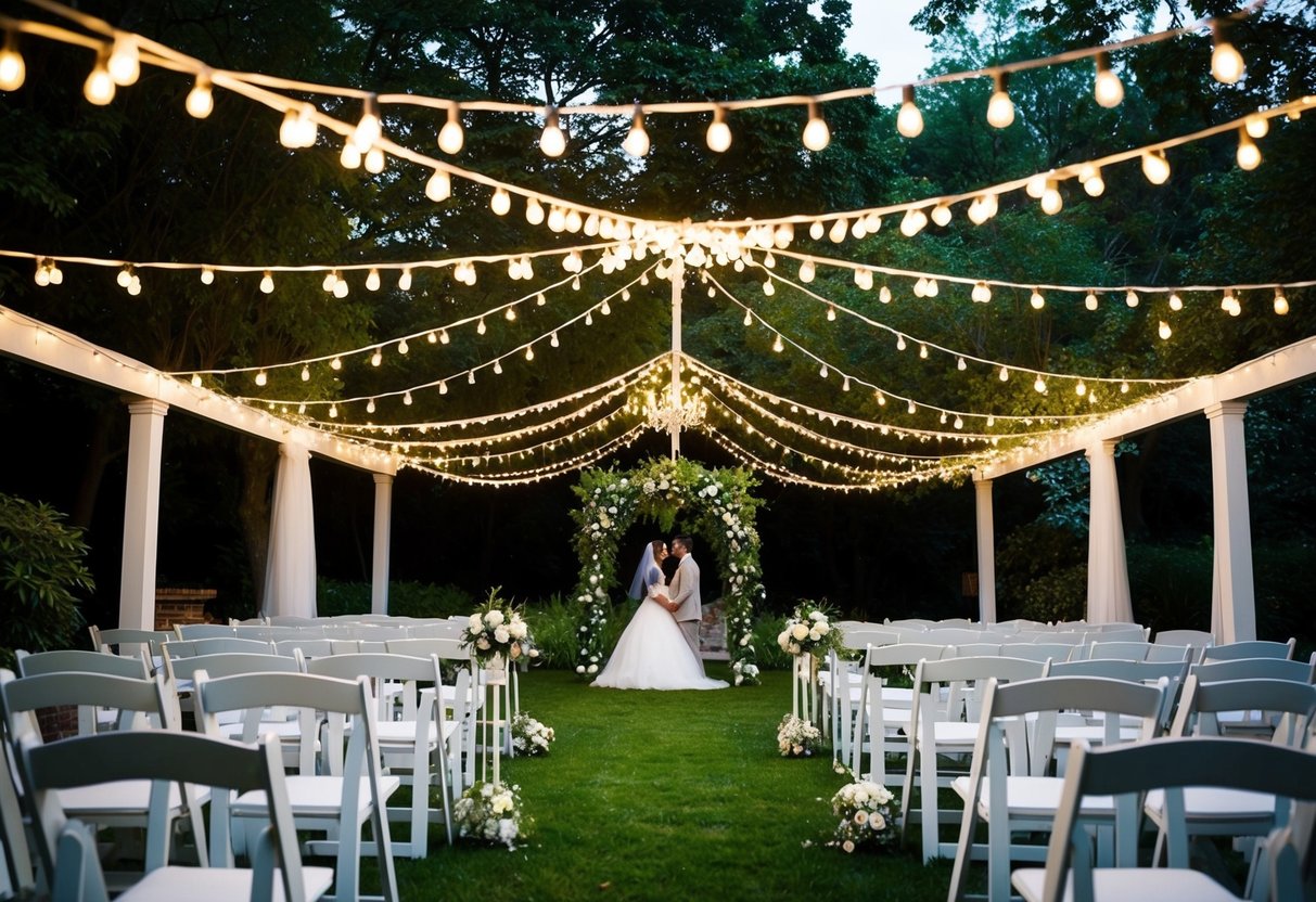 A garden wedding with a canopy of string lights creating a romantic and enchanting atmosphere