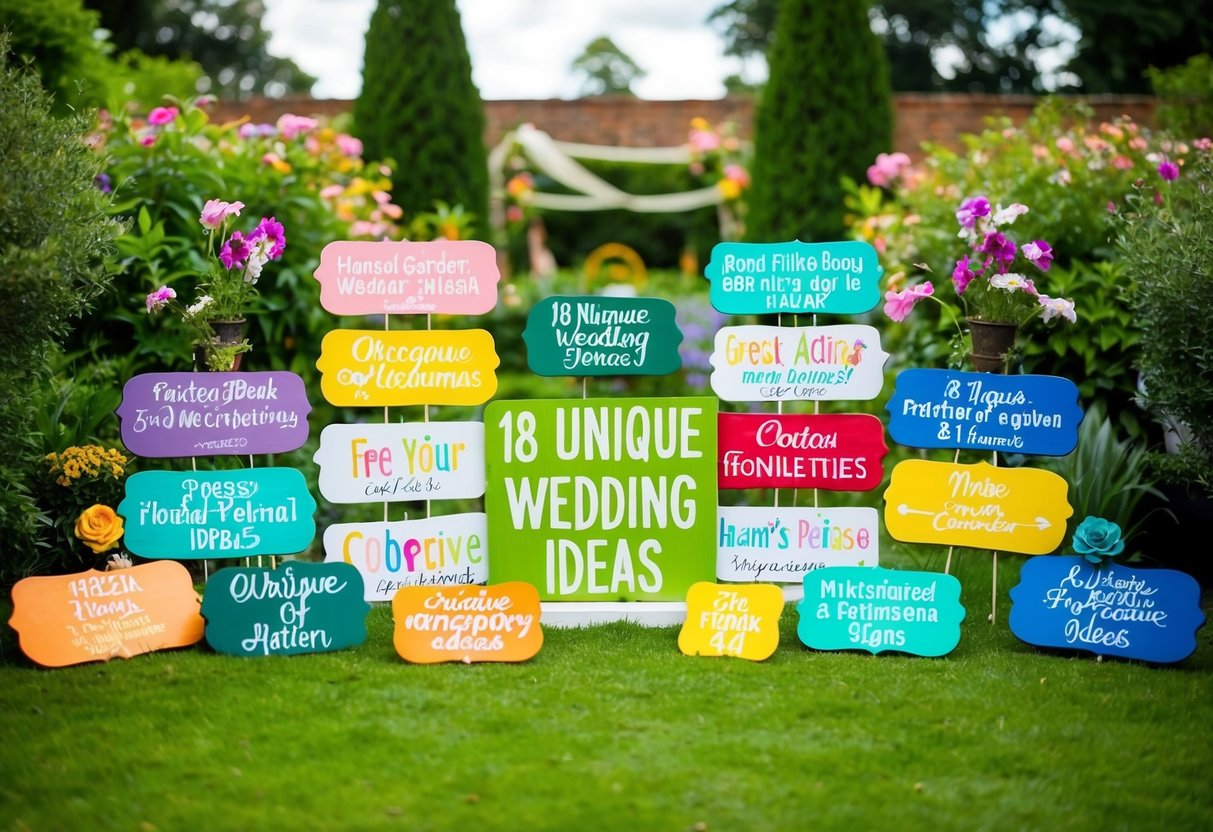 A lush garden setting with colorful hand-painted signs showcasing 18 unique wedding ideas