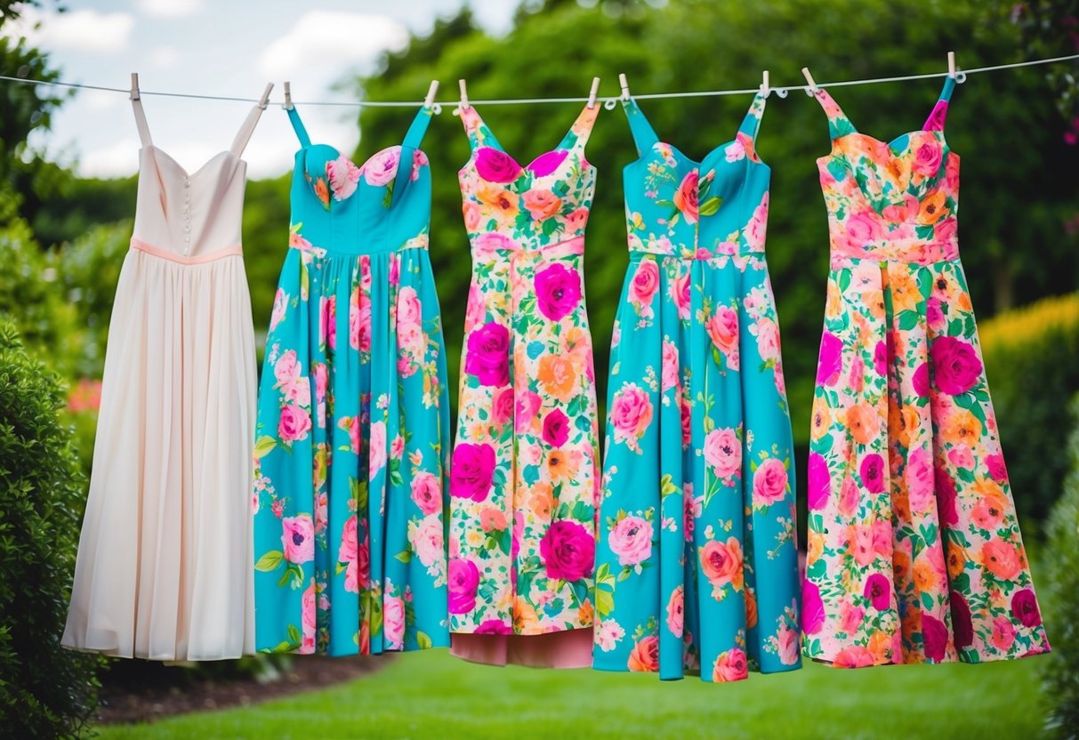 A group of colorful floral print bridesmaid dresses hanging on a line in a lush garden setting