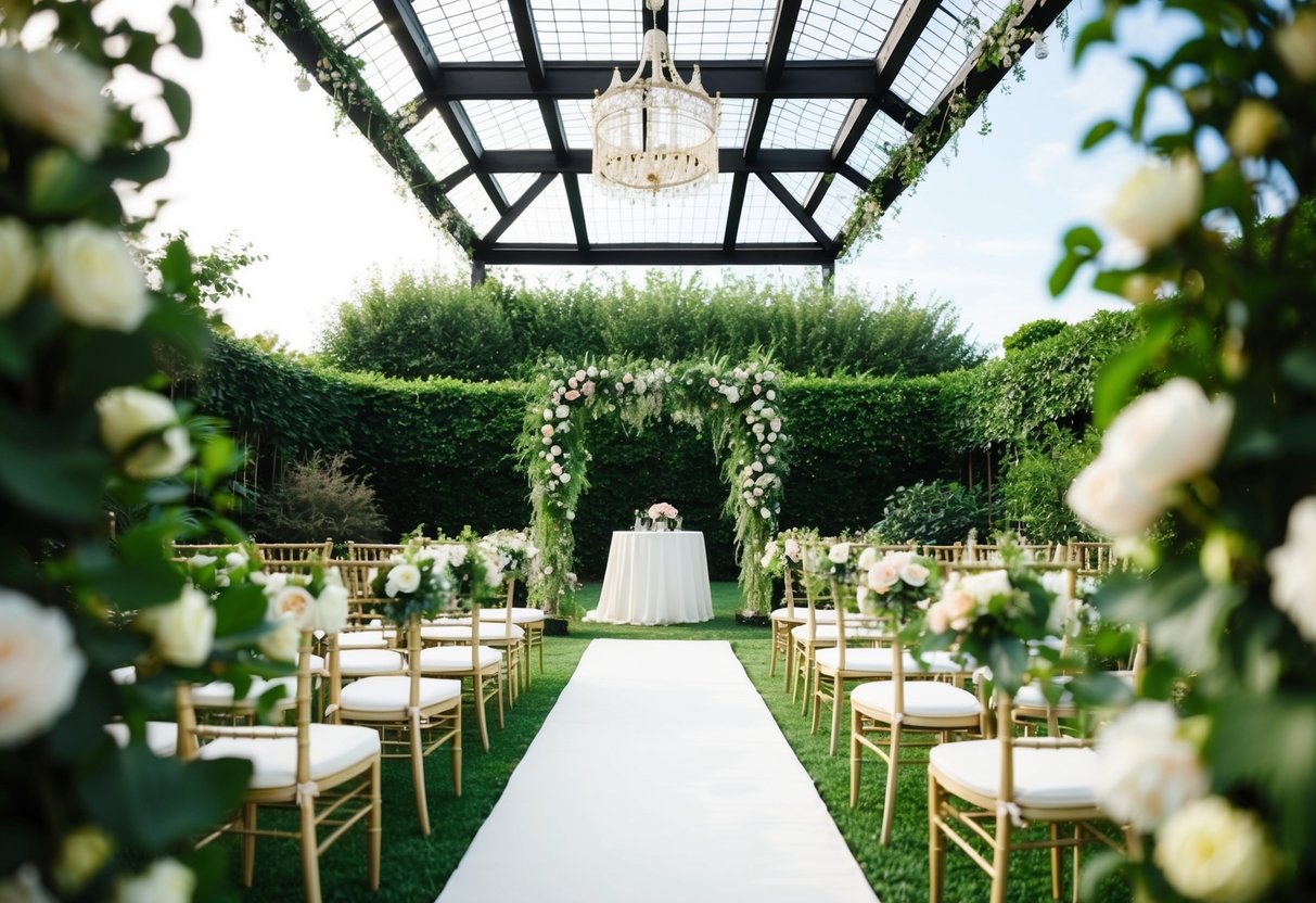 An elegant garden wedding with a birdcage ceiling decor, surrounded by lush greenery and blooming flowers