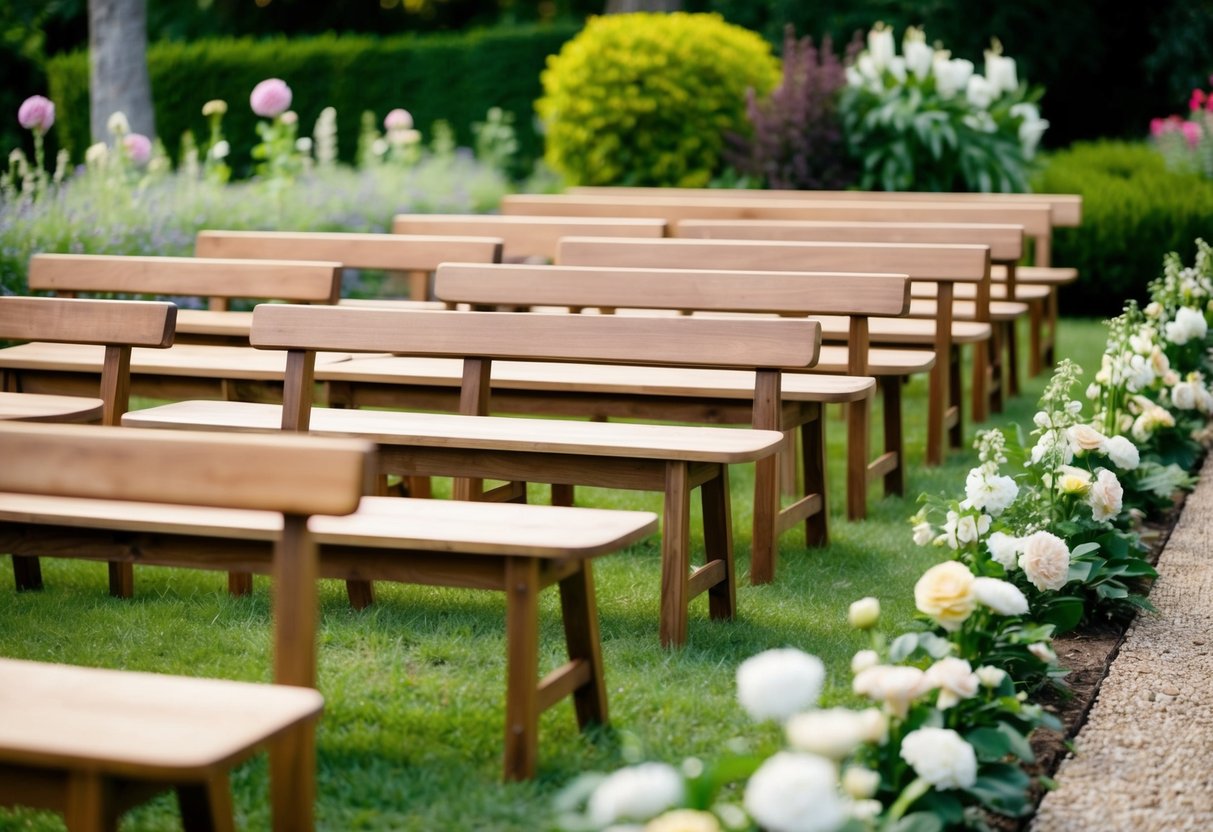 A row of wooden ceremony benches arranged in a garden setting, surrounded by flowers and greenery