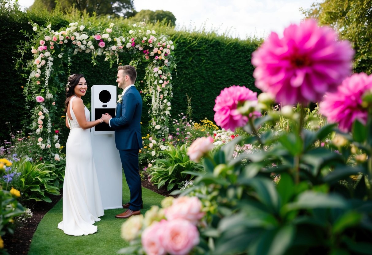 A garden wedding with a photo booth surrounded by blooming flowers and greenery