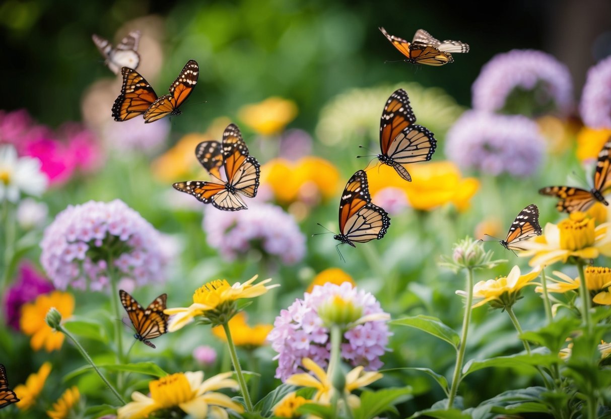 Butterflies fluttering among blooming flowers in a lush garden setting, with a delicate release ceremony