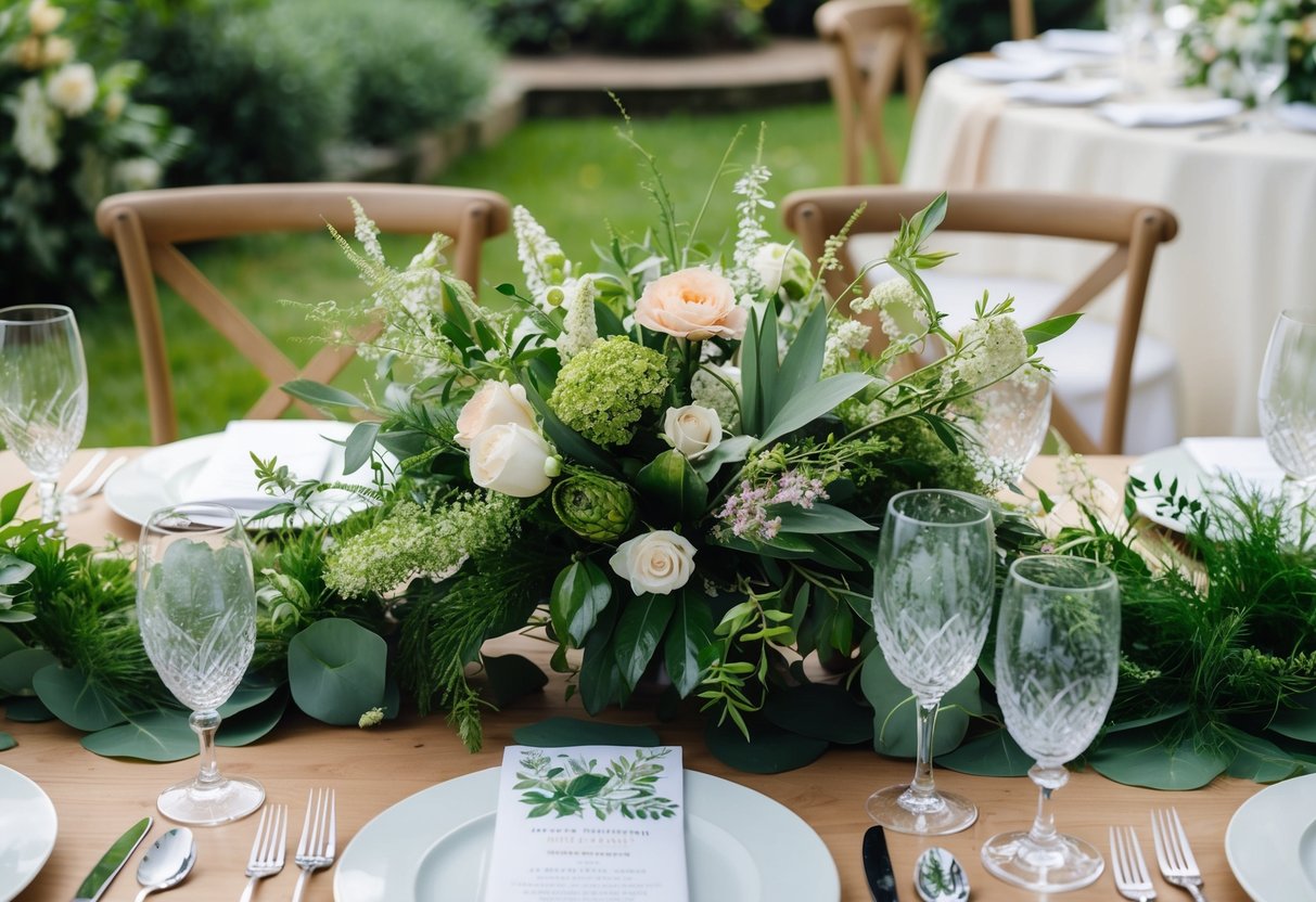 A garden wedding table adorned with lush greenery, delicate flowers, and botanical-inspired decor