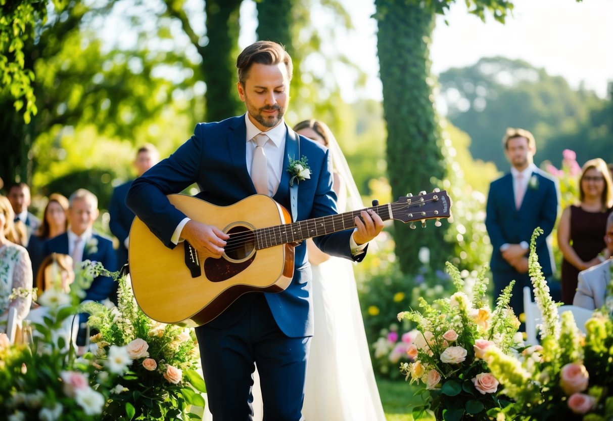 An acoustic guitarist performs in a garden ceremony, surrounded by flowers and greenery. The sunlight filters through the trees, creating a peaceful and romantic atmosphere