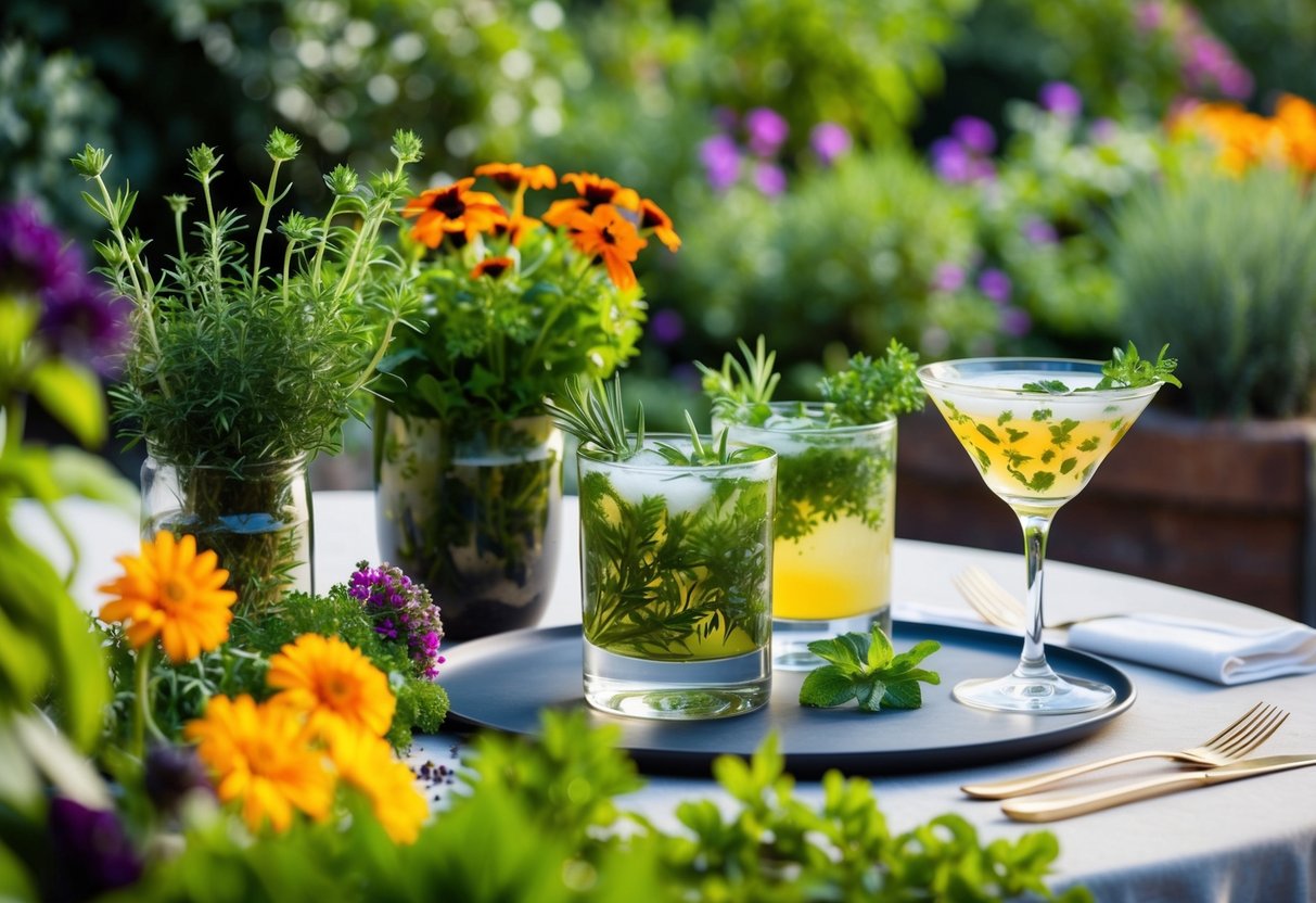 A lush garden setting with a variety of aromatic herbs and colorful flowers, featuring a table adorned with beautifully crafted herb-infused cocktails