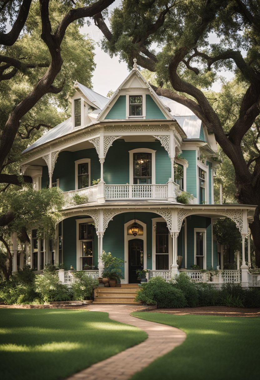 A charming historic bed and breakfast in Waco, with a grand Victorian-style facade, surrounded by lush gardens and towering oak trees