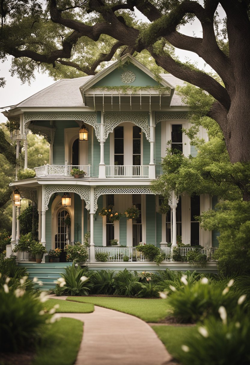 A charming historic bed and breakfast in Waco, with a grand Victorian building surrounded by lush gardens and a cozy front porch