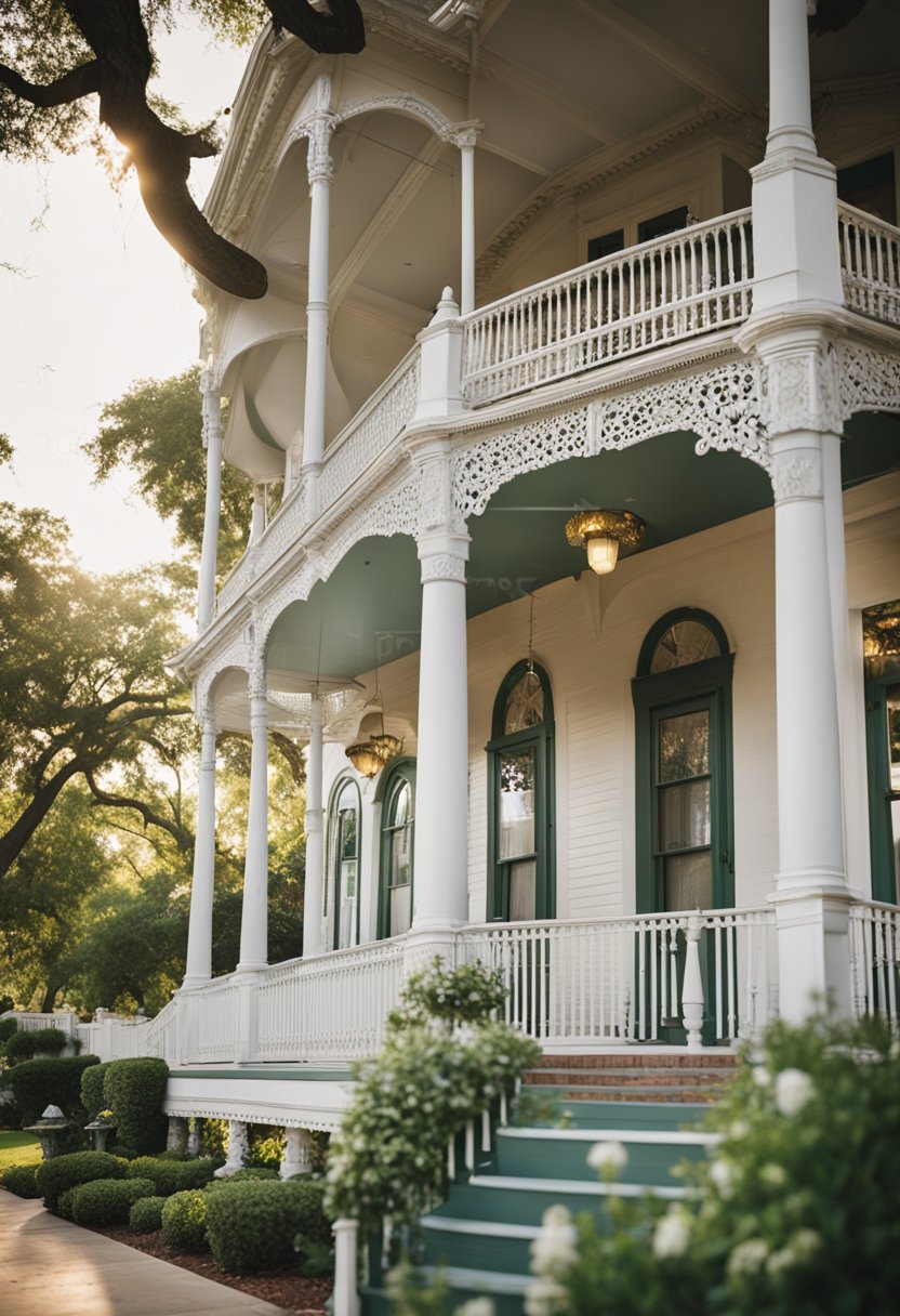 A charming historic bed and breakfast nestled in Waco, featuring a grand Victorian-style building with a wrap-around porch and lush garden