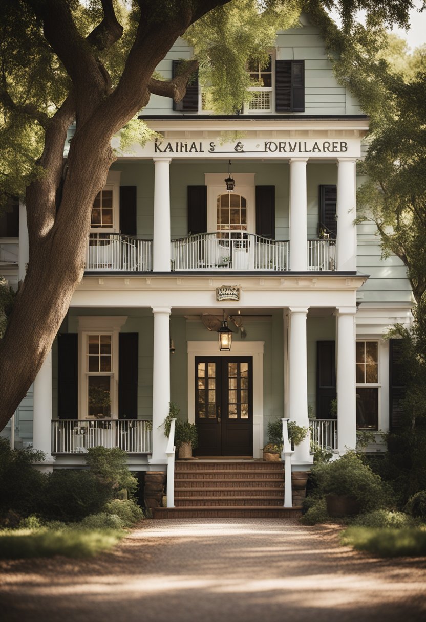 A charming historic B&B nestled among towering oak trees, with a welcoming front porch and a vintage sign hanging above the entrance