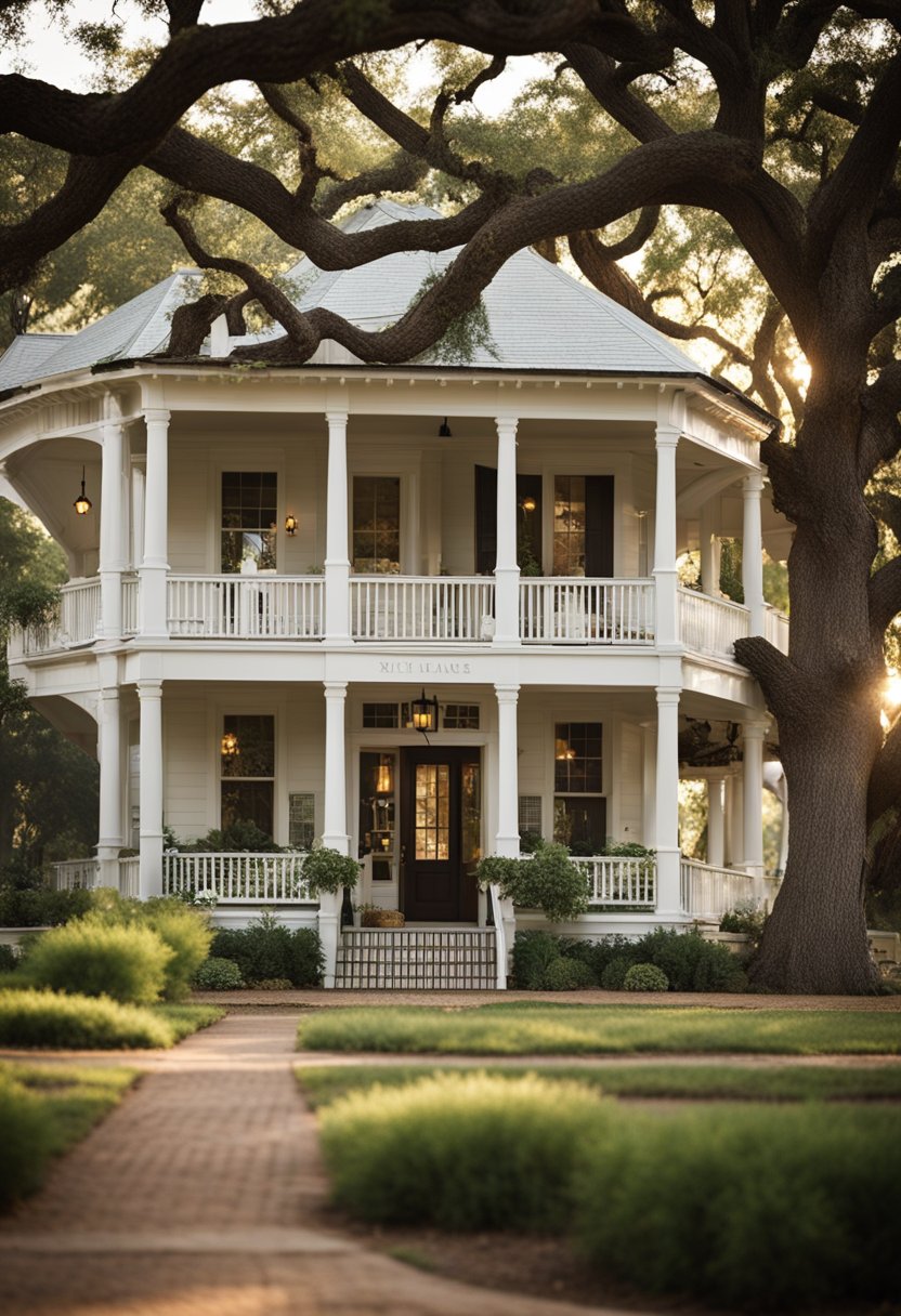 A charming historic bed and breakfast nestled among towering oak trees in Waco, with a cozy front porch and a welcoming sign