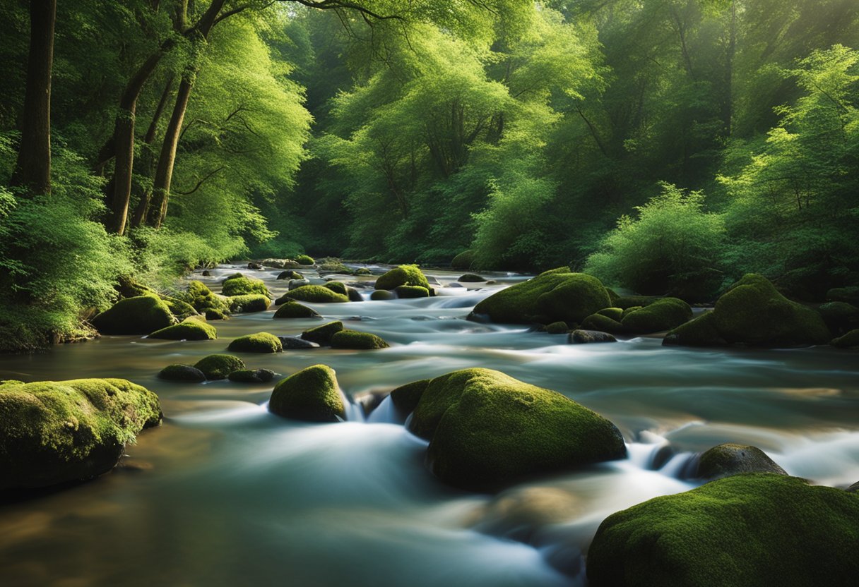 A serene natural landscape with clear blue skies, lush greenery, and a peaceful flowing river