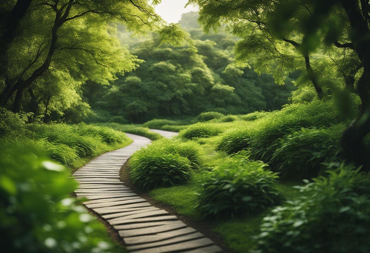 A serene landscape with a winding path leading through lush greenery, symbolizing the journey of overcoming mental health challenges