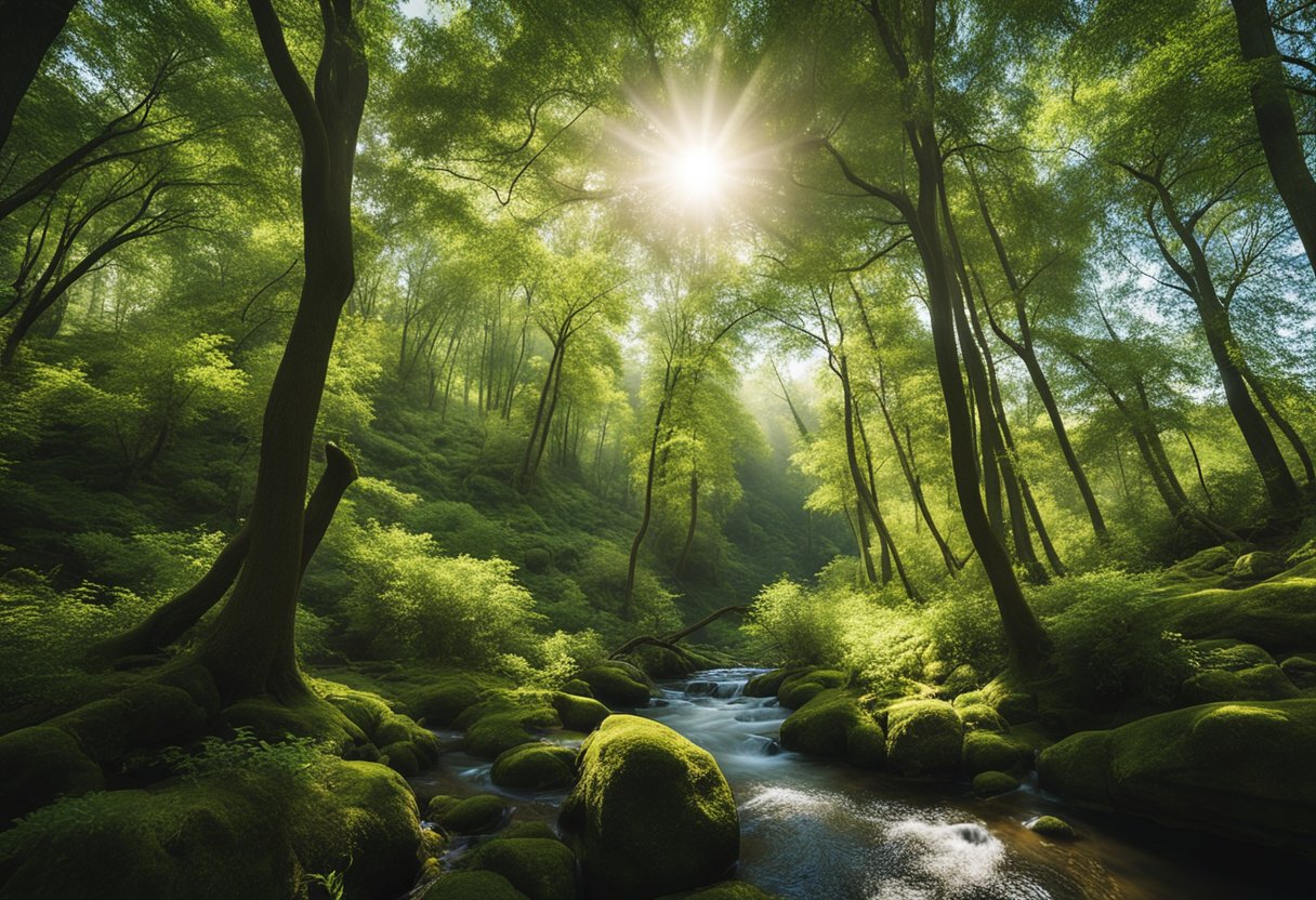 A serene, green forest with a winding river, sunlight filtering through the trees, and a clear blue sky overhead